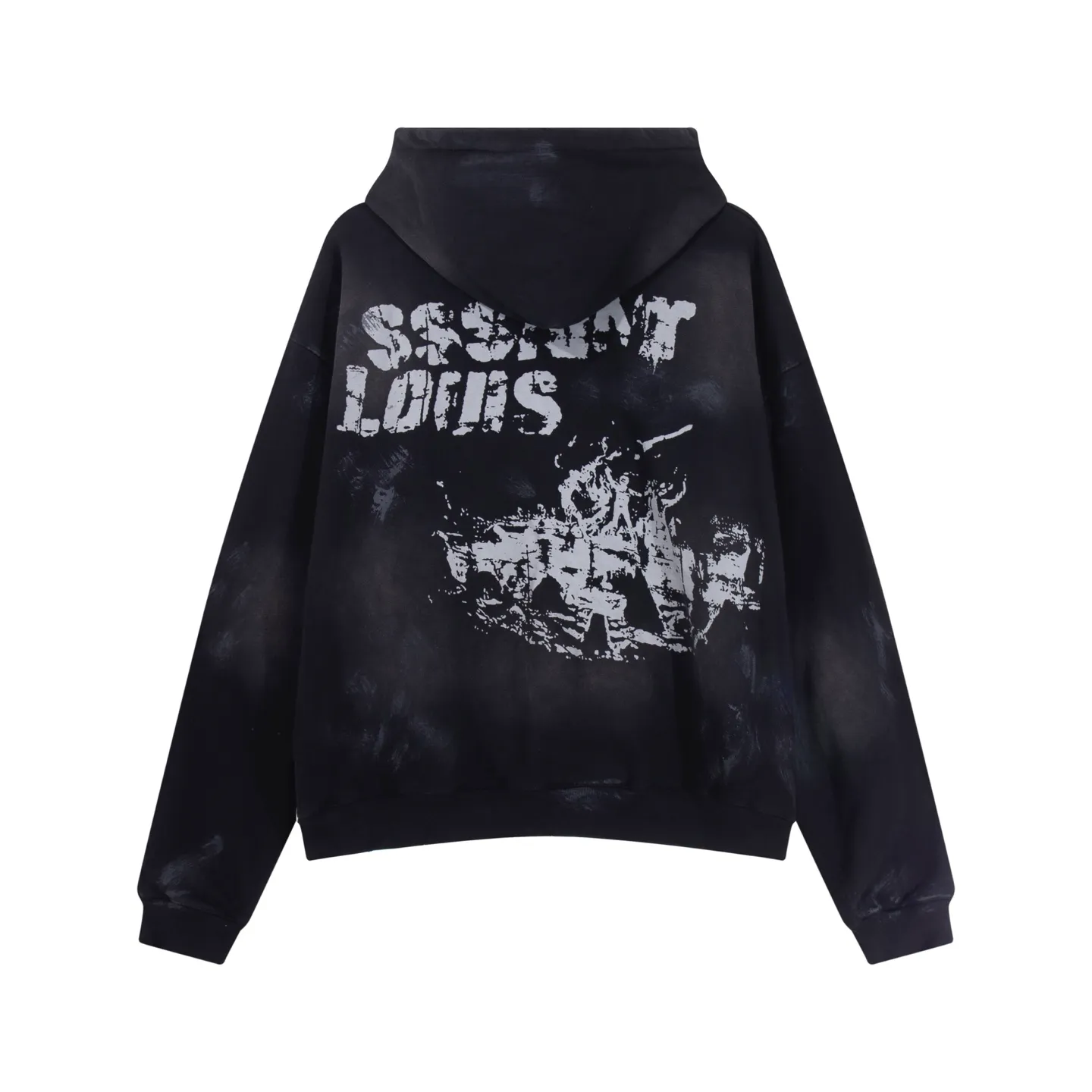 Style No. S225 P300💰 (450g version) SSSAINT LOUIS hooded pullover sweatshirt is made of 450g heavy-weight pure cotton fabric, which is integrated with tedious processes such as manual hand-painting + fraying + washing and spraying. It is not easy to deform and does not shrink. The version is loose and suitable for men and women. Size: S-XL